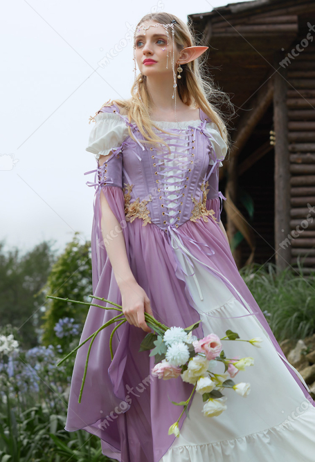 Medieval Renaissance Costume Elf Style Purple Gradient Dress with Sleeves
